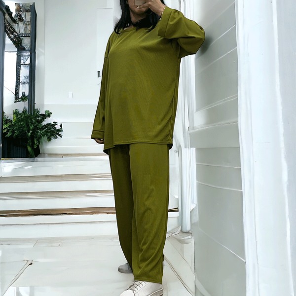 Ensemble tunique et pantalon léger vert pistache en maille côtelé extensible printemps été   - 3