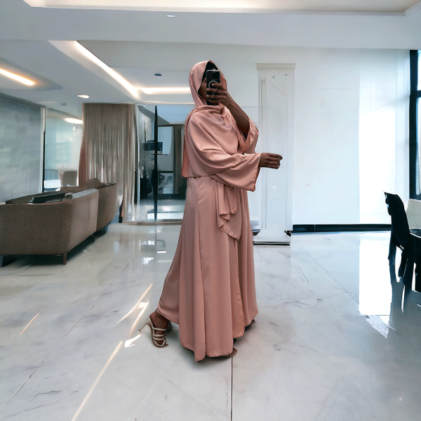 Robe abaya couleur rose deux pièces avec foulard  - 2