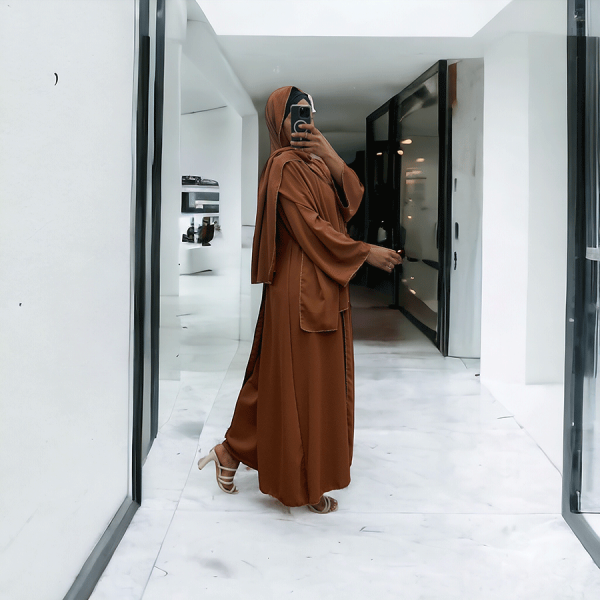 Robe abaya couleur choco deux pièces avec foulard  - 2