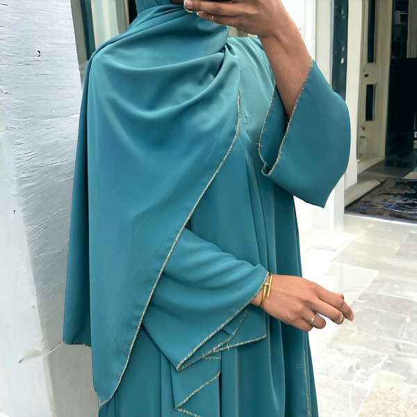 Robe abaya couleur vert canard deux pièces avec foulard  - 1