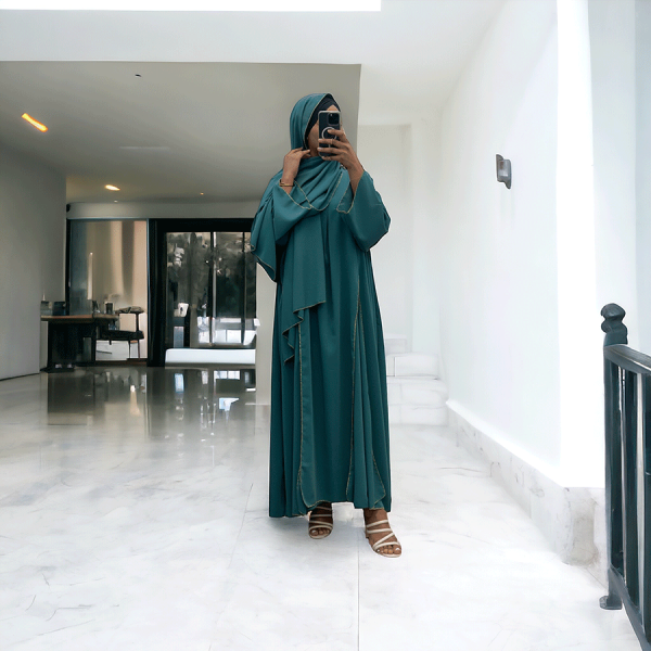 Robe abaya couleur vert canard deux pièces avec foulard  - 3