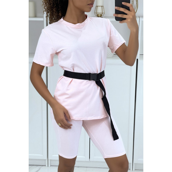 Ensemble T-shirt et cycliste rose avec ceinture - 1