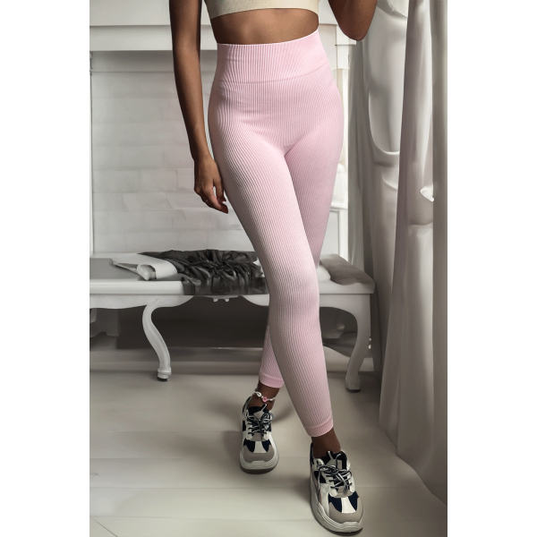 Legging rose en maille côtelé très extensible - 2