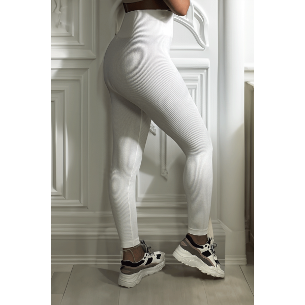 Legging blanc en maille côtelé très extensible - 1