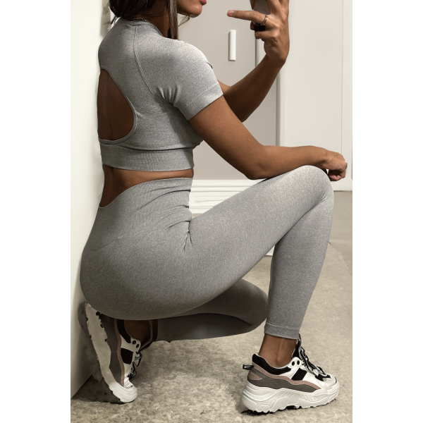 Ensemble legging et top sport gris en matière gênante - 2