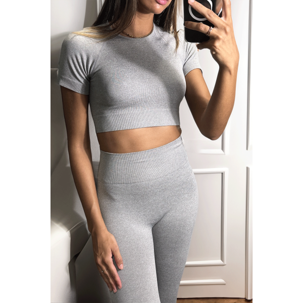 Ensemble legging et top sport gris en matière gênante - 5