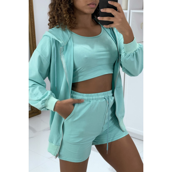 Ensemble 3 pièces vert d'eau sweat top et short - 1