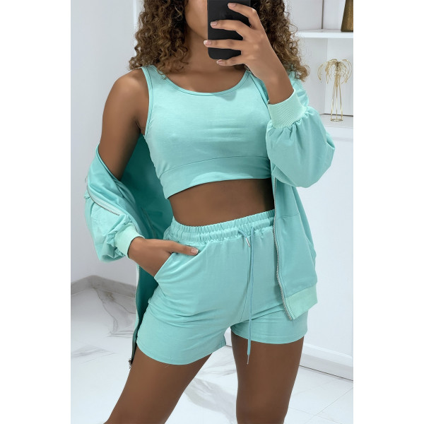 Ensemble 3 pièces vert d'eau sweat top et short - 3