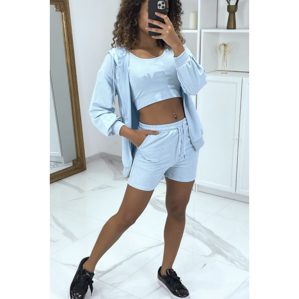 Ensemble 3 pièces bleu sweat top et short - 1