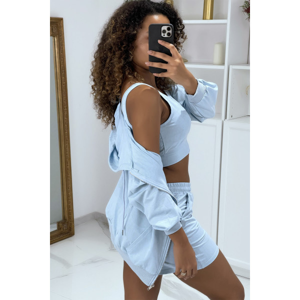 Ensemble 3 pièces bleu sweat top et short - 3