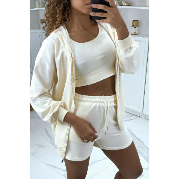 Ensemble 3 pièces beige sweat top et short - 1