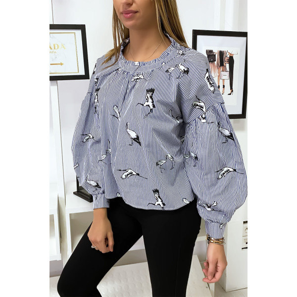 Blouse Bleue marinière motif oiseau. - 1