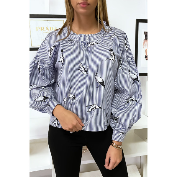 Blouse Bleue marinière motif oiseau. - 2