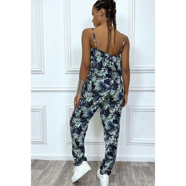 Combinaison pantalon fleuri vert avec volant et bretelles reglables - 1