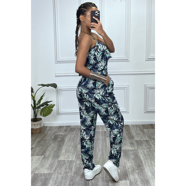 Combinaison pantalon fleuri vert avec volant et bretelles reglables - 6