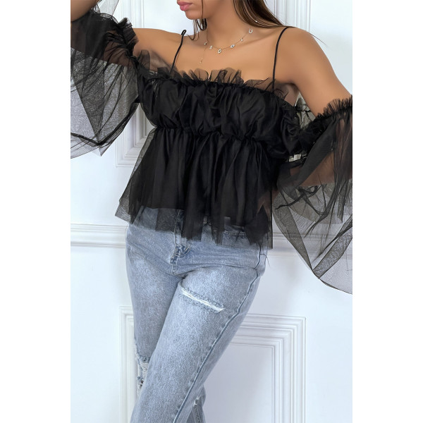 Top en tulle noir à bretelles et épaules denudées - 3