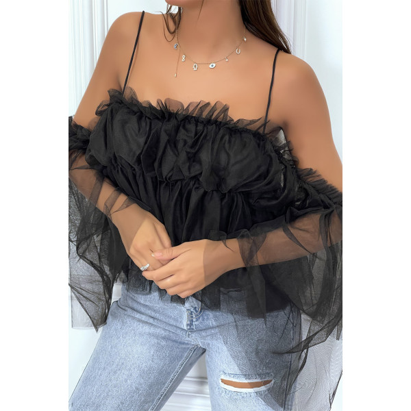 Top en tulle noir à bretelles et épaules denudées - 5