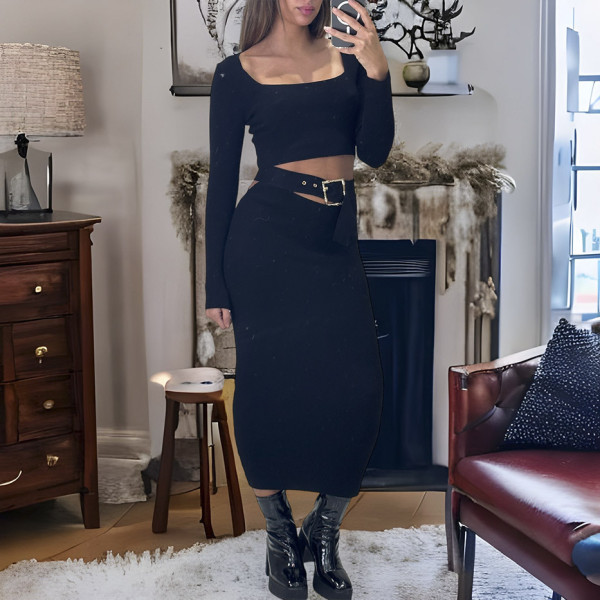 Ensemble haut et jupe noir avec accessoire ceinture intégré  - 2