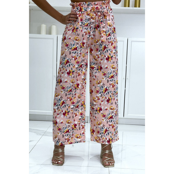 Pantalon palazzo rose motif fleuris en coton - 2