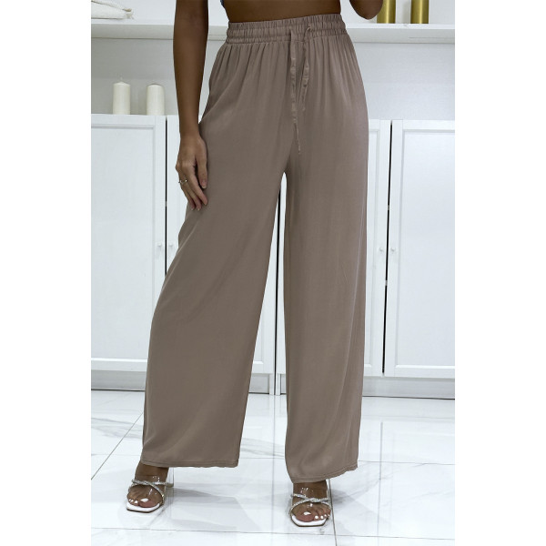 Pantalon palazzo taupe en coton uni - 3