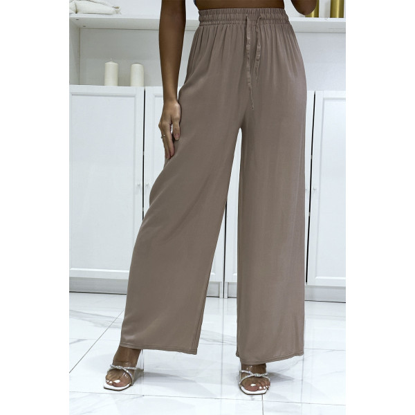 Pantalon palazzo taupe en coton uni - 4