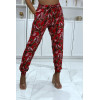 Pantalon rouge motif feuilles, fluide élastique à la taille - 2