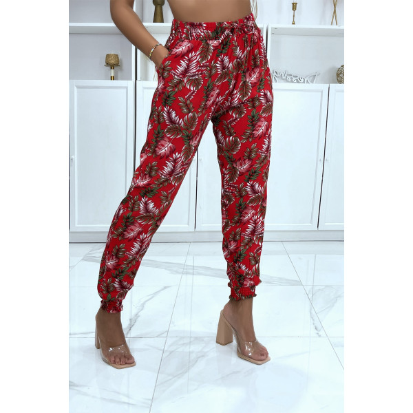 Pantalon rouge motif feuilles, fluide élastique à la taille - 3