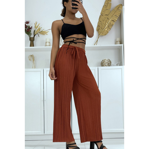 Pantalon palazzo cognac plissé à motif - 1