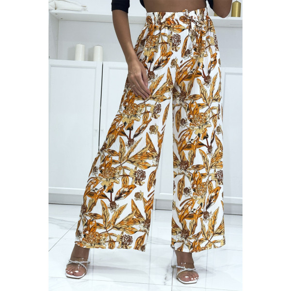 Pantalon palazzo plissé orange avec motif fleuris - 2