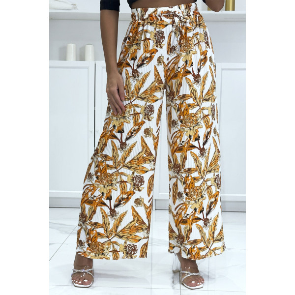 Pantalon palazzo plissé orange avec motif fleuris - 3