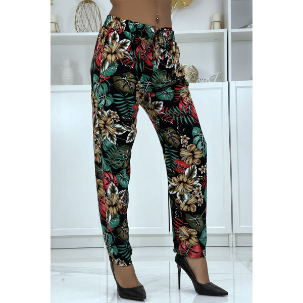 Pantalon fluide noir à motif floral B-29 - 2