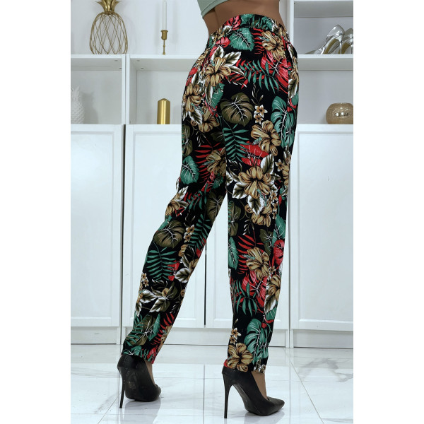 Pantalon fluide noir à motif floral B-29 - 3