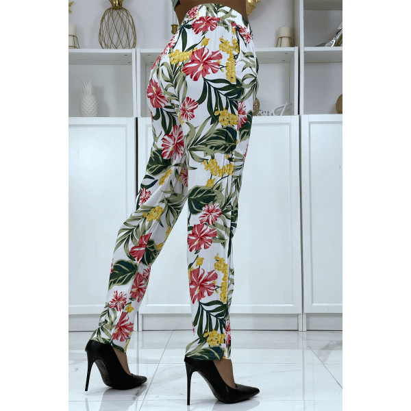 Pantalon fluide blanc à motif floral B-21 - 3