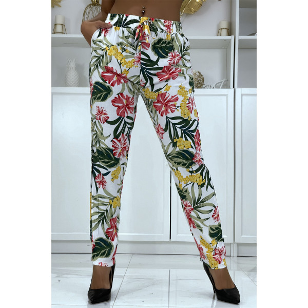 Pantalon fluide blanc à motif floral B-21 - 4