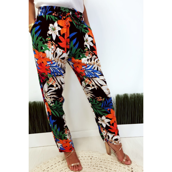 Pantalon fluide très agréable à porter en coton, motif fleuri noir avec poche et lacet - 2