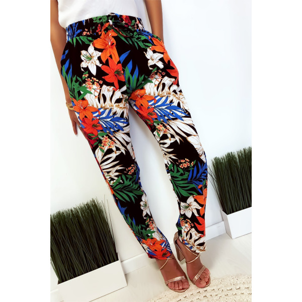 Pantalon fluide très agréable à porter en coton, motif fleuri noir avec poche et lacet - 5