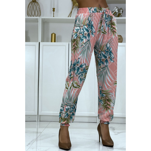 Pantalon fluide rose à motif floral a-14 - 2