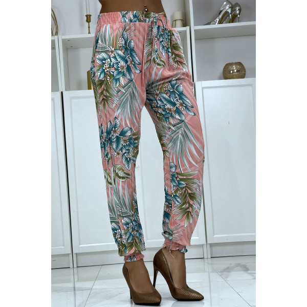 Pantalon fluide rose à motif floral a-14 - 4