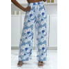 Pantalon palazzo turquoise motif fleurs et feuilles  - 2