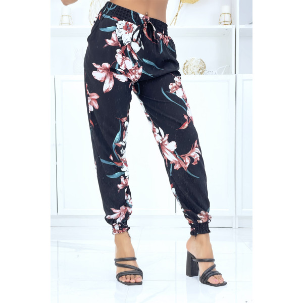 Pantalon noir à fleurs, fluide élastique à la taille et aux chevilles  - 2