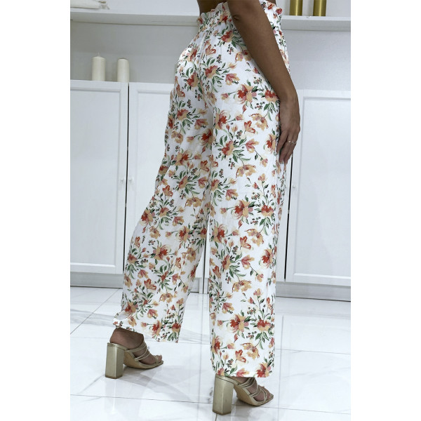 Pantalon palazzo blanc motif fleuris en coton - 1