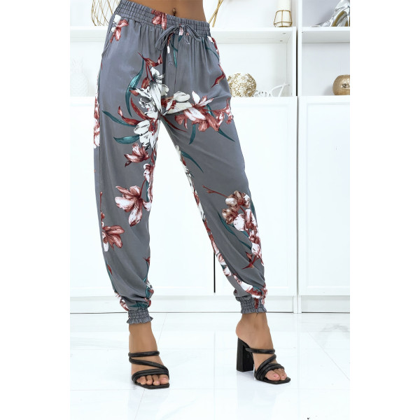 Pantalon gris à fleurs, fluide élastique à la taille et aux chevilles - 2