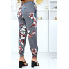 Pantalon gris à fleurs, fluide élastique à la taille et aux chevilles - 3