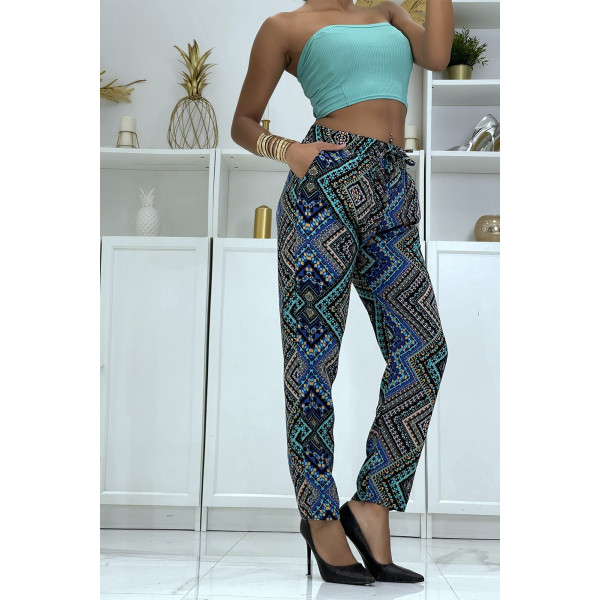 Pantalon fluide royal à motif floral B-55 - 1