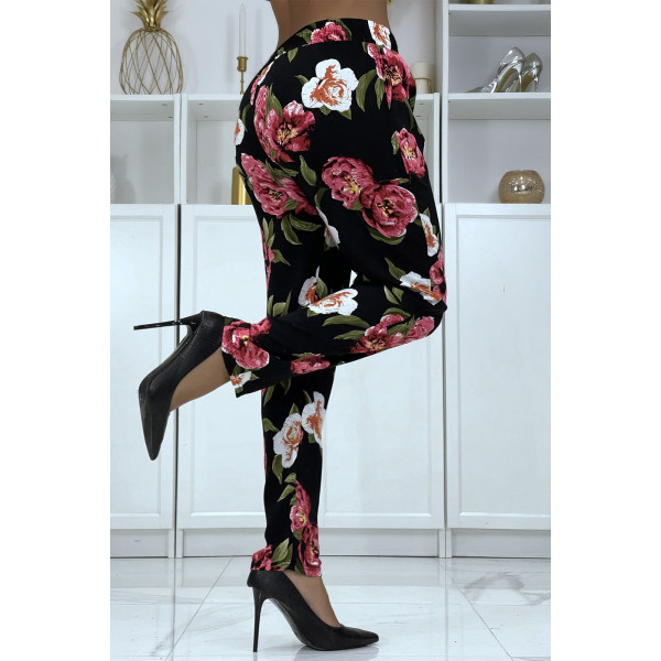 Pantalon fluide noir à motif floral B-11 - 1