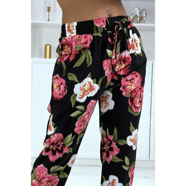 Pantalon fluide noir à motif floral B-11 - 2