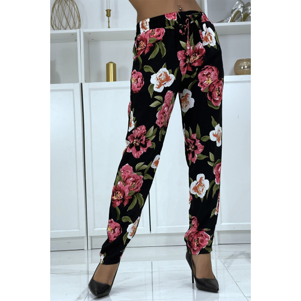 Pantalon fluide noir à motif floral B-11 - 4