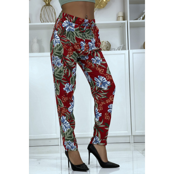 Pantalon fluide bordeaux à motif floral B-21 - 2