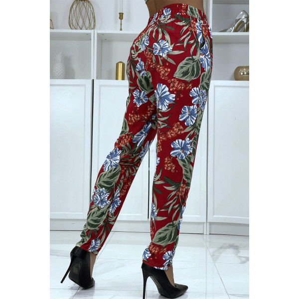 Pantalon fluide bordeaux à motif floral B-21 - 4