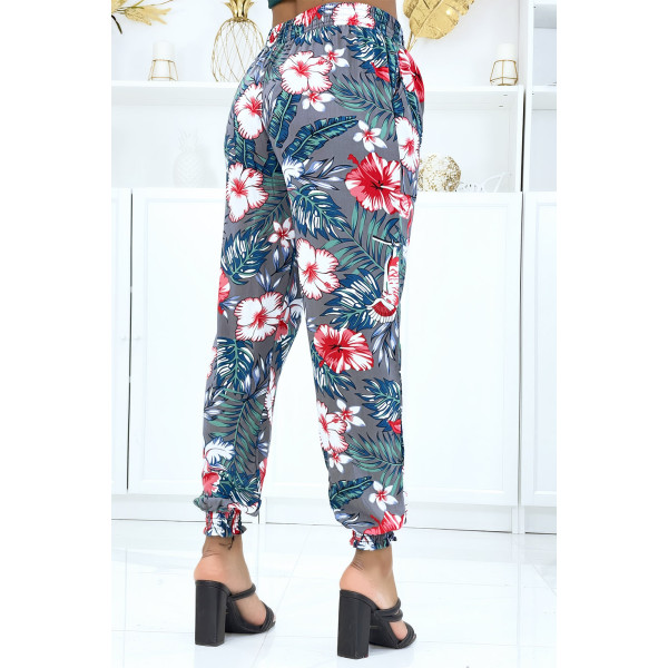 Pantalon gris à motif floral, fluide élastique à la taille et aux chevilles  - 3